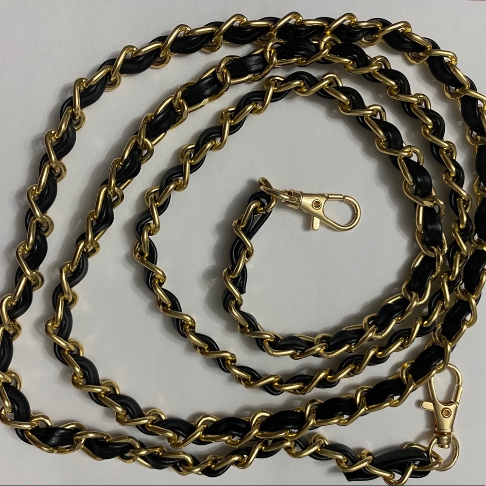 Black leather & gold Bag or Phone Chain